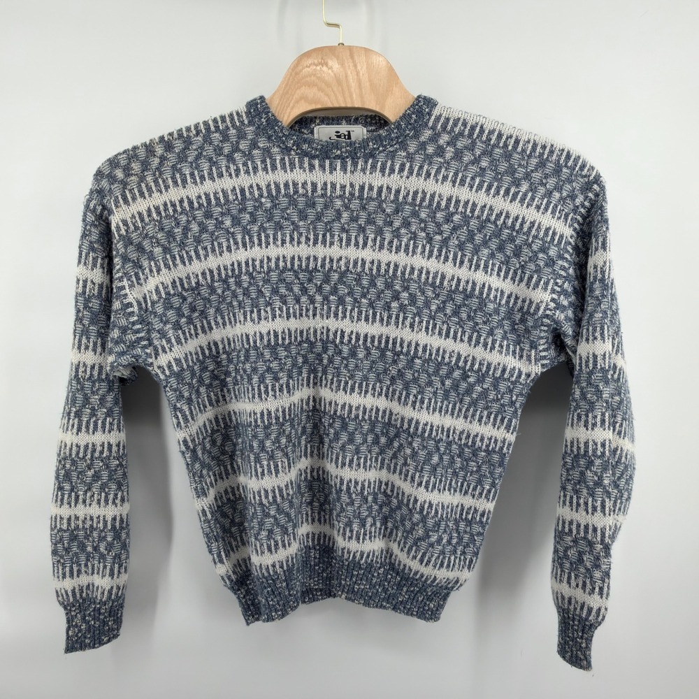 Jed Knit Sweater Women Medium Blue White Geometric Textured Vintage 90s Crewneck